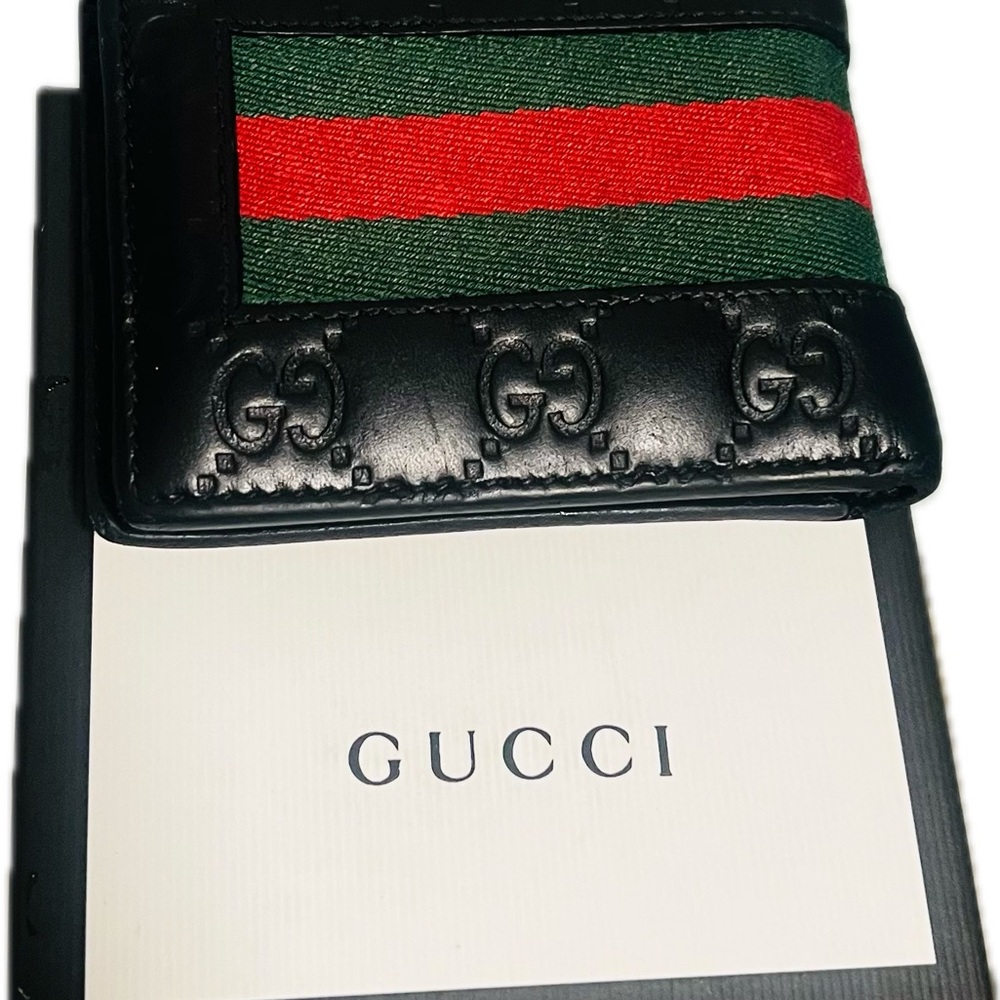 Gucci Black Leather Men’s Wallet with Green and Red Stripe - Still Available!